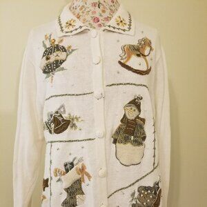 Christmas Sweater Ivory Gold Jewels Pearls Beads Horse Bells Large - Vintage